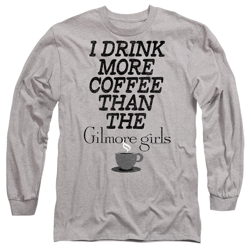 AN OFFCIALLY LICENSED GILMORE GIRLS MORE COFFEE MEN'S LONG SLEEVE T-SHIRT ATHLETIC HEATHER