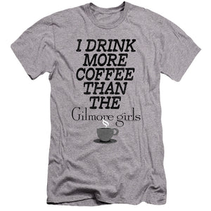AN OFFCIALLY LICENSED GILMORE GIRLS MORE COFFEE MEN'S PREMIUM SLIM FIT T-SHIRT ATHLETIC HEATHER