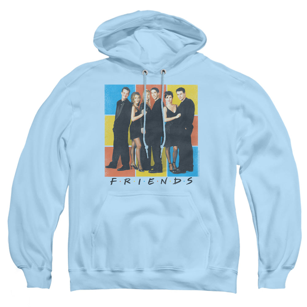 AN OFFCIALLY LICENSED FRIENDS COLOR BLOCK OF FRIENDS ADULT UNISEX PULLOVER HOODIE LIGHT BLUE