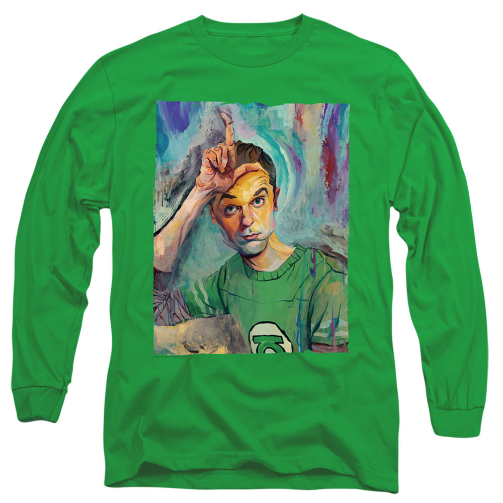 AN OFFCIALLY LICENSED BIG BANG THEORY SHELDON PAINTING MEN'S LONG SLEEVE T-SHIRT KELLY GREEN