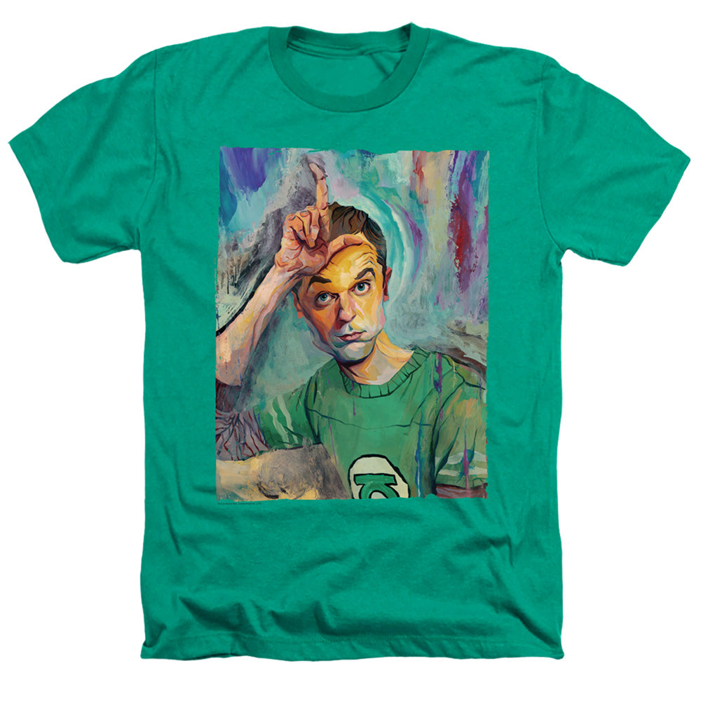 AN OFFCIALLY LICENSED BIG BANG THEORY SHELDON PAINTING MEN'S HEATHER T-SHIRT KELLY GREEN