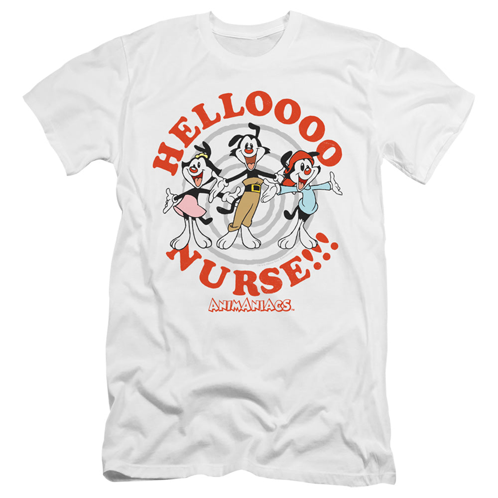 AN OFFCIALLY LICENSED ANIMANIACS HELLO NURSE MEN'S PREMIUM SLIM FIT T-SHIRT WHITE