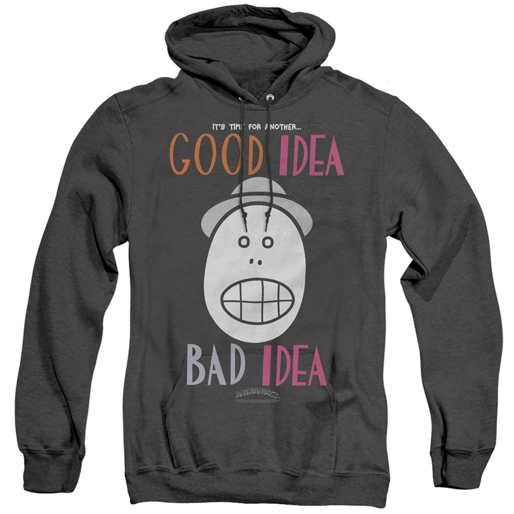 AN OFFCIALLY LICENSED ANIMANIACS GOOD IDEA BAD IDEA ADULT UNISEX HEATHER PULLOVER HOODIE BLACK